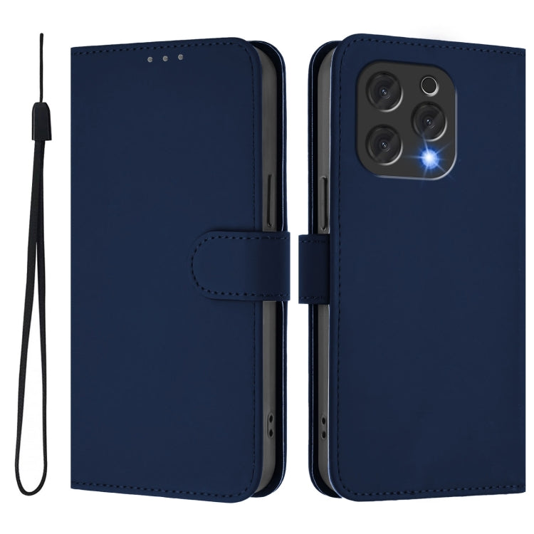 For Doogee N55 Plus Skin Feel Solid Color Leather Phone Case with Lanyard(Navy Blue)