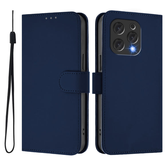 For Doogee N55 Plus Skin Feel Solid Color Leather Phone Case with Lanyard(Navy Blue)
