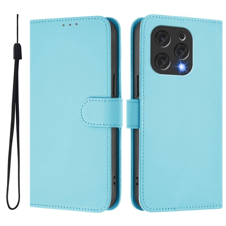 For Doogee N55 Plus Skin Feel Solid Color Leather Phone Case with Lanyard(Sky Blue)