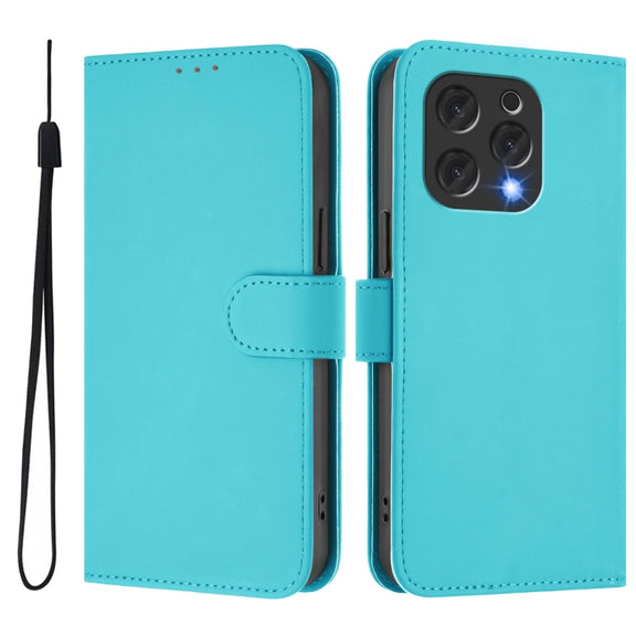 For Doogee N55 Plus Skin Feel Solid Color Leather Phone Case with Lanyard(Lake Blue)