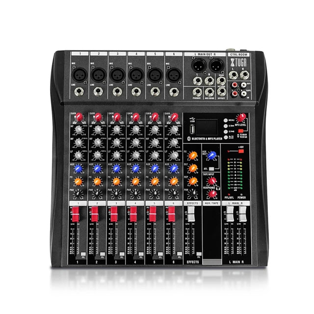 XTUGA CT60X 6-Channels Audio Mixer DJ Mixing Console with 48V Power Supply(UK Plug)