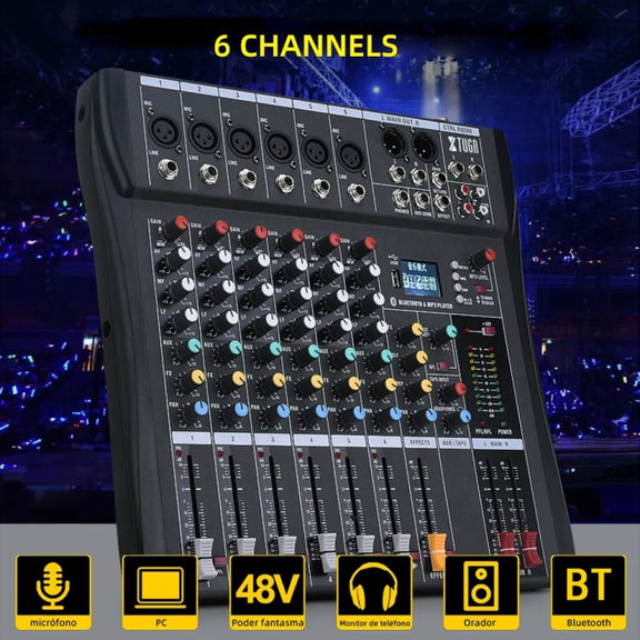 XTUGA CT60X 6-Channels Audio Mixer DJ Mixing Console with 48V Power Supply(AU Plug)