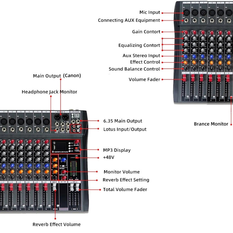 XTUGA CT60X 6-Channels Audio Mixer DJ Mixing Console with 48V Power Supply(UK Plug)