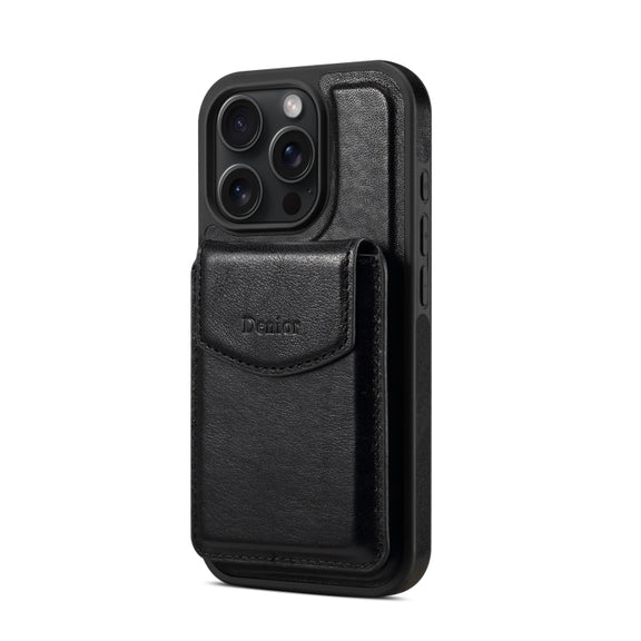 For iPhone 16 Pro Max Denior D22 Genuine Leather MagSafe Holder Detachable Card Slot Phone Case(Black)