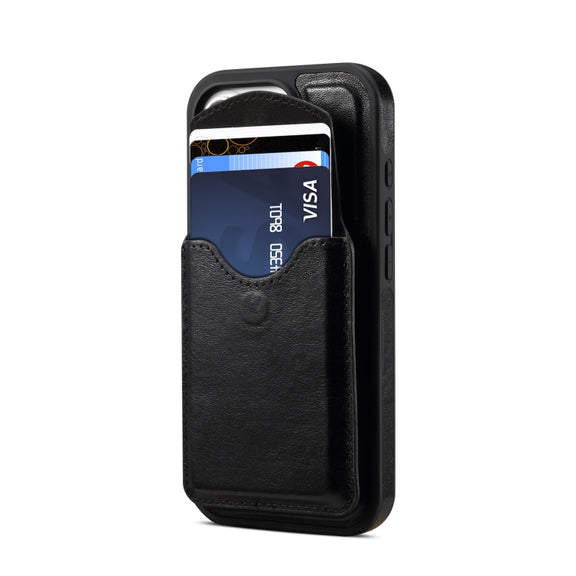 For iPhone 16 Pro Max Denior D22 Genuine Leather MagSafe Holder Detachable Card Slot Phone Case(Black)