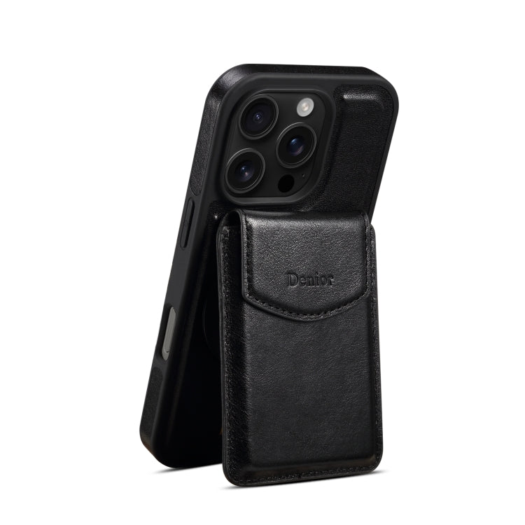 For iPhone 16 Pro Max Denior D22 Genuine Leather MagSafe Holder Detachable Card Slot Phone Case(Black)