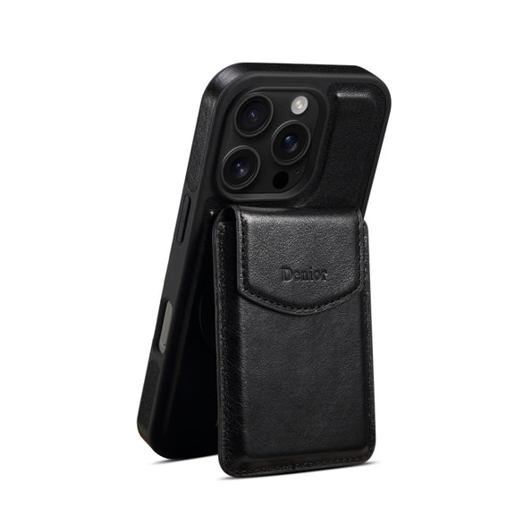 For iPhone 16 Pro Max Denior D22 Genuine Leather MagSafe Holder Detachable Card Slot Phone Case(Black)