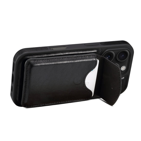 For iPhone 16 Pro Max Denior D22 Genuine Leather MagSafe Holder Detachable Card Slot Phone Case(Black)