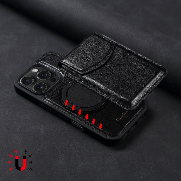 For iPhone 16 Pro Max Denior D22 Genuine Leather MagSafe Holder Detachable Card Slot Phone Case(Black)