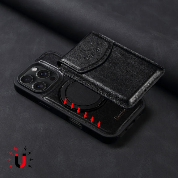 For iPhone 16 Pro Max Denior D22 Genuine Leather MagSafe Holder Detachable Card Slot Phone Case(Black)