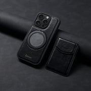 For iPhone 16 Pro Max Denior D22 Genuine Leather MagSafe Holder Detachable Card Slot Phone Case(Black)