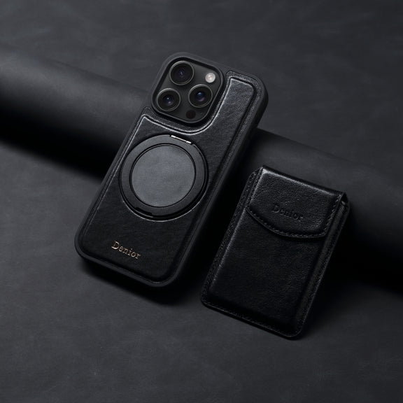For iPhone 16 Pro Max Denior D22 Genuine Leather MagSafe Holder Detachable Card Slot Phone Case(Black)