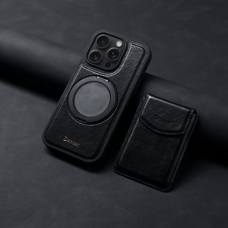 For iPhone 16 Pro Max Denior D22 Genuine Leather MagSafe Holder Detachable Card Slot Phone Case(Black)