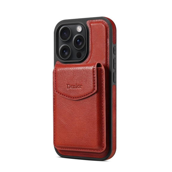 For iPhone 16 Pro Denior D22 Genuine Leather MagSafe Holder Detachable Card Slot Phone Case(Brown)