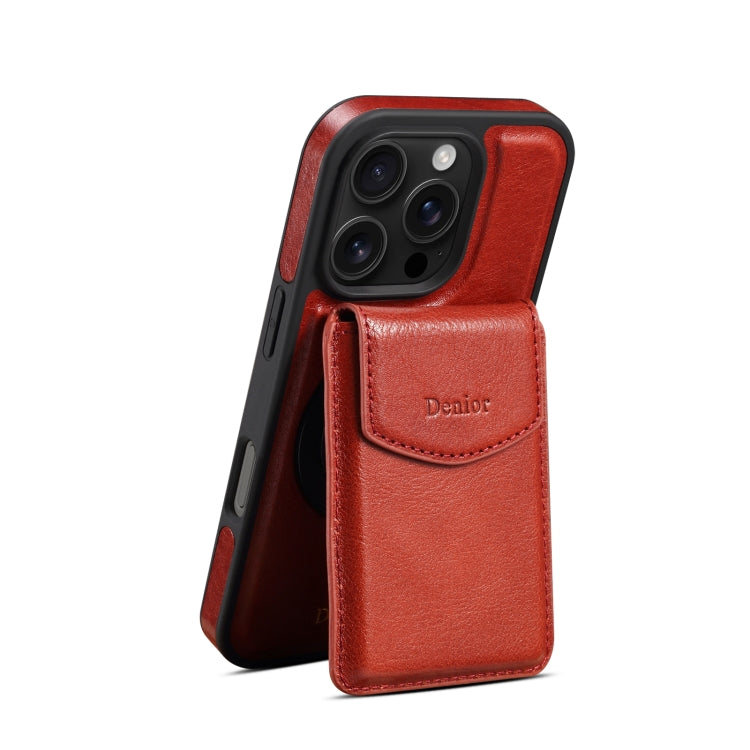 For iPhone 16 Pro Denior D22 Genuine Leather MagSafe Holder Detachable Card Slot Phone Case(Brown)