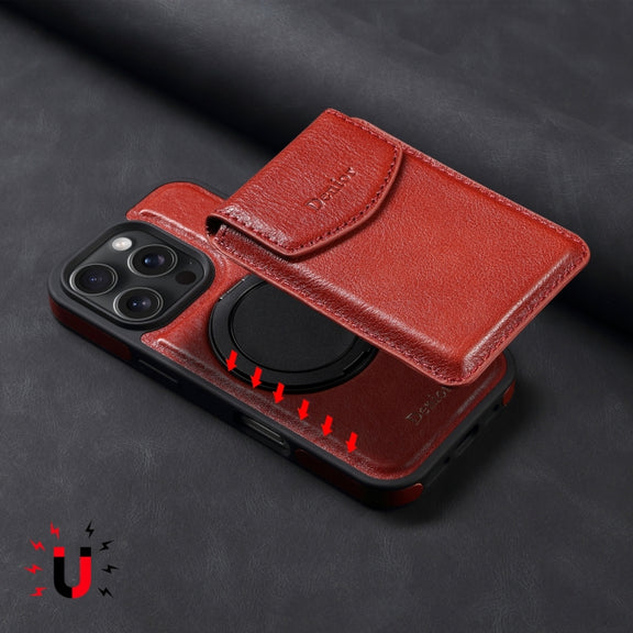 For iPhone 16 Pro Denior D22 Genuine Leather MagSafe Holder Detachable Card Slot Phone Case(Brown)