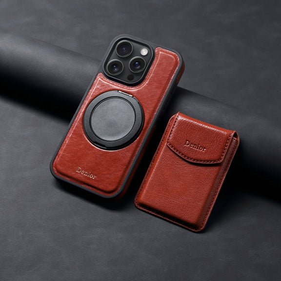 For iPhone 16 Pro Denior D22 Genuine Leather MagSafe Holder Detachable Card Slot Phone Case(Brown)