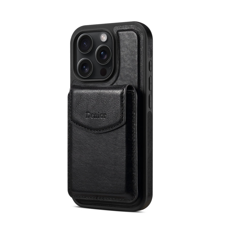 For iPhone 16 Pro Denior D22 Genuine Leather MagSafe Holder Detachable Card Slot Phone Case(Black)