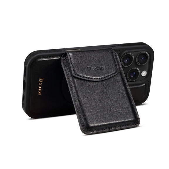 For iPhone 16 Pro Denior D22 Genuine Leather MagSafe Holder Detachable Card Slot Phone Case(Black)