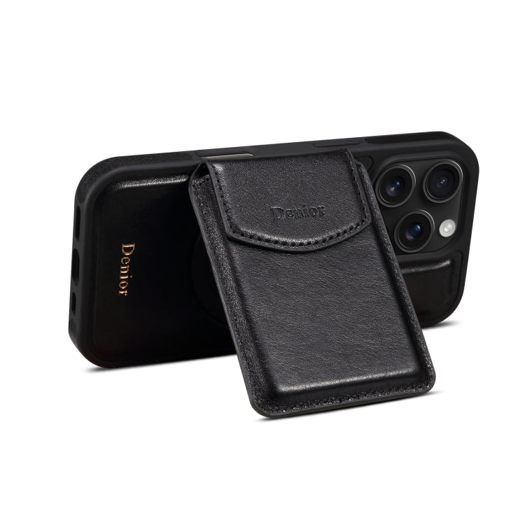 For iPhone 16 Pro Denior D22 Genuine Leather MagSafe Holder Detachable Card Slot Phone Case(Black)