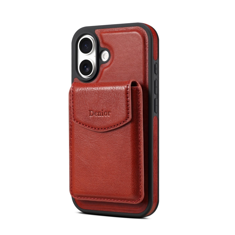 For iPhone 16 Plus Denior D22 Genuine Leather MagSafe Holder Detachable Card Slot Phone Case(Brown)