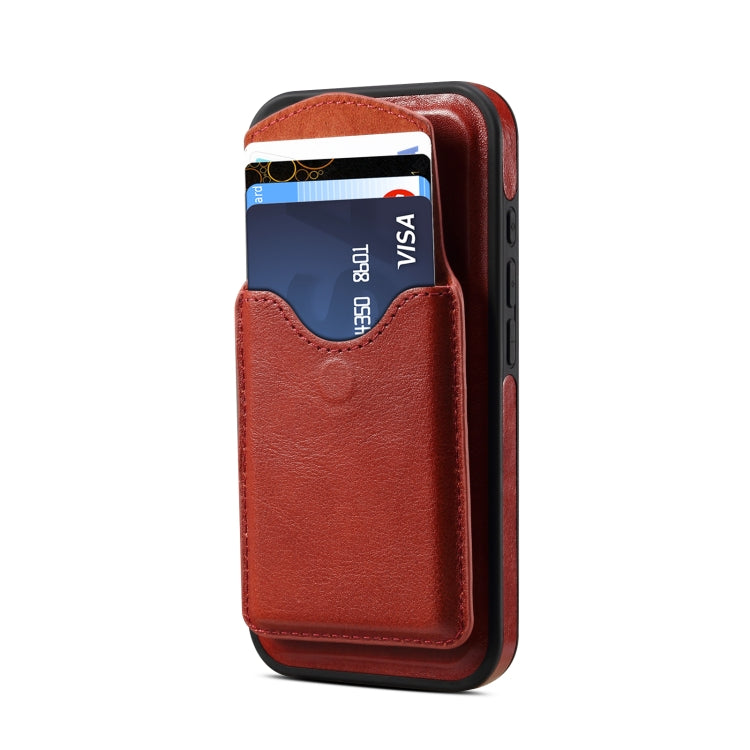 For iPhone 16 Plus Denior D22 Genuine Leather MagSafe Holder Detachable Card Slot Phone Case(Brown)