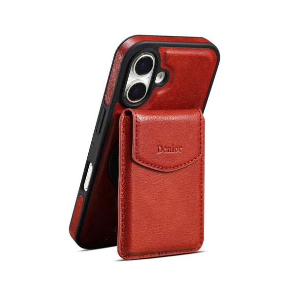 For iPhone 16 Plus Denior D22 Genuine Leather MagSafe Holder Detachable Card Slot Phone Case(Brown)