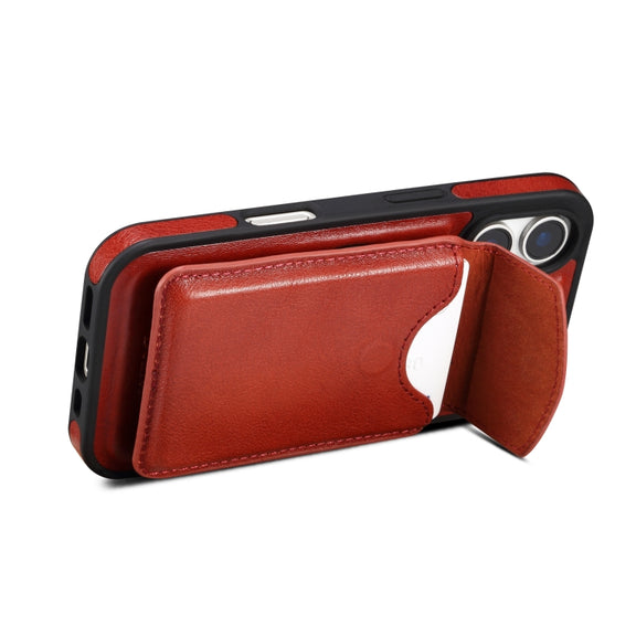 For iPhone 16 Plus Denior D22 Genuine Leather MagSafe Holder Detachable Card Slot Phone Case(Brown)