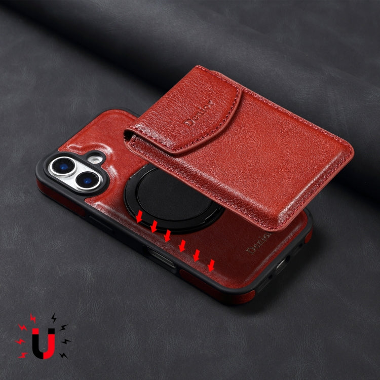 For iPhone 16 Plus Denior D22 Genuine Leather MagSafe Holder Detachable Card Slot Phone Case(Brown)