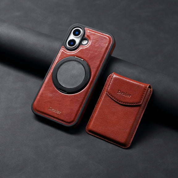 For iPhone 16 Plus Denior D22 Genuine Leather MagSafe Holder Detachable Card Slot Phone Case(Brown)