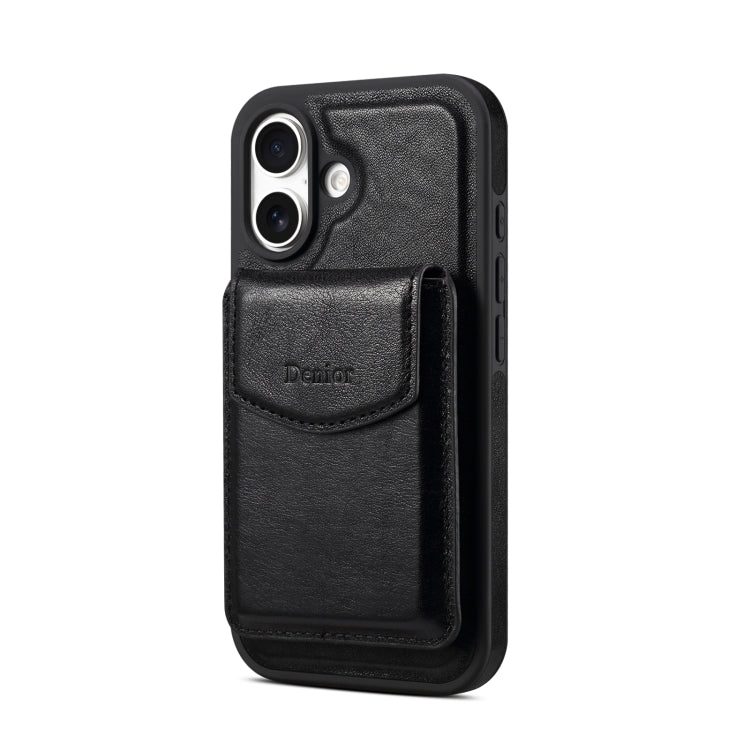 For iPhone 16 Plus Denior D22 Genuine Leather MagSafe Holder Detachable Card Slot Phone Case(Black)