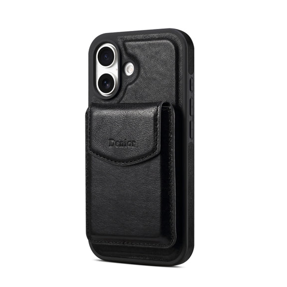 For iPhone 16 Plus Denior D22 Genuine Leather MagSafe Holder Detachable Card Slot Phone Case(Black)