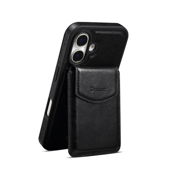 For iPhone 16 Plus Denior D22 Genuine Leather MagSafe Holder Detachable Card Slot Phone Case(Black)