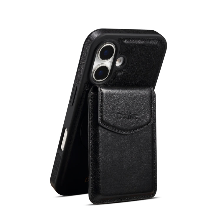 For iPhone 16 Plus Denior D22 Genuine Leather MagSafe Holder Detachable Card Slot Phone Case(Black)