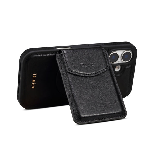 For iPhone 16 Plus Denior D22 Genuine Leather MagSafe Holder Detachable Card Slot Phone Case(Black)
