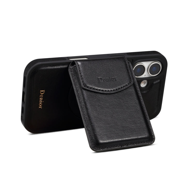 For iPhone 16 Plus Denior D22 Genuine Leather MagSafe Holder Detachable Card Slot Phone Case(Black)