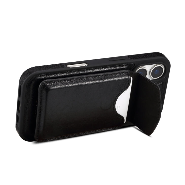 For iPhone 16 Plus Denior D22 Genuine Leather MagSafe Holder Detachable Card Slot Phone Case(Black)