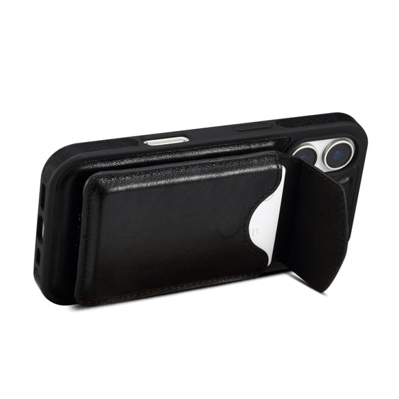For iPhone 16 Plus Denior D22 Genuine Leather MagSafe Holder Detachable Card Slot Phone Case(Black)
