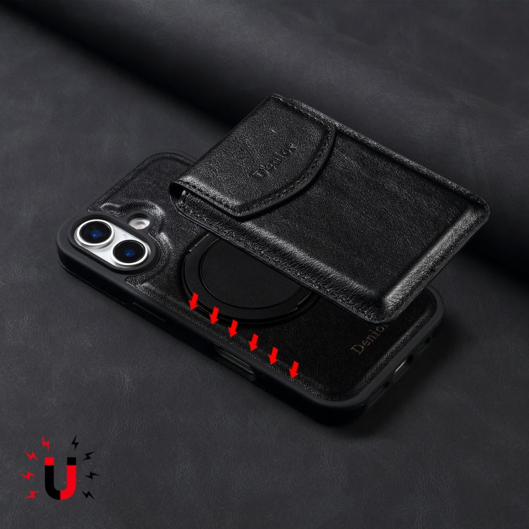 For iPhone 16 Plus Denior D22 Genuine Leather MagSafe Holder Detachable Card Slot Phone Case(Black)