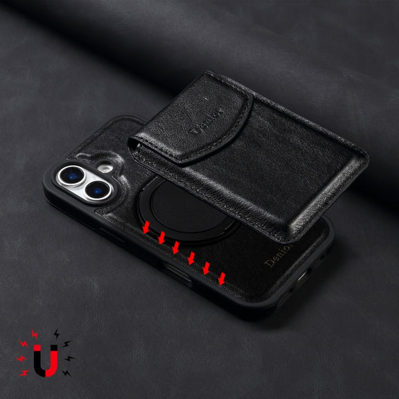 For iPhone 16 Plus Denior D22 Genuine Leather MagSafe Holder Detachable Card Slot Phone Case(Black)