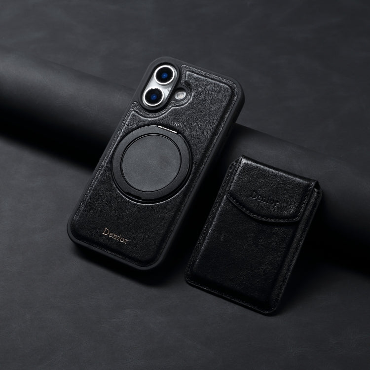 For iPhone 16 Plus Denior D22 Genuine Leather MagSafe Holder Detachable Card Slot Phone Case(Black)