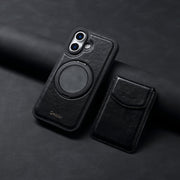 For iPhone 16 Plus Denior D22 Genuine Leather MagSafe Holder Detachable Card Slot Phone Case(Black)