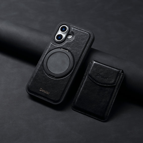 For iPhone 16 Plus Denior D22 Genuine Leather MagSafe Holder Detachable Card Slot Phone Case(Black)