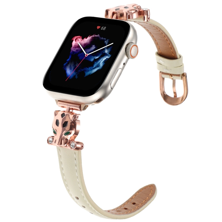 For Apple Watch 46mm / 49mm / 45mm / 44mm Leopard Head Genuine Leather Watch Band(White Rose Gold)