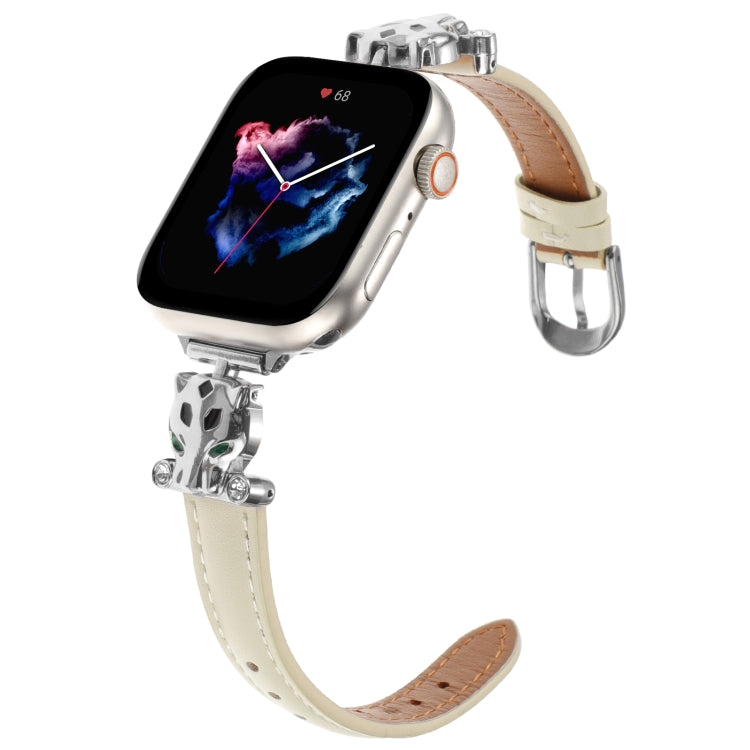 For Apple Watch 46mm / 49mm / 45mm / 44mm Leopard Head Genuine Leather Watch Band(White Silver Buckle)