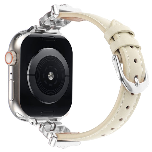 For Apple Watch 46mm / 49mm / 45mm / 44mm Leopard Head Genuine Leather Watch Band(White Silver Buckle)