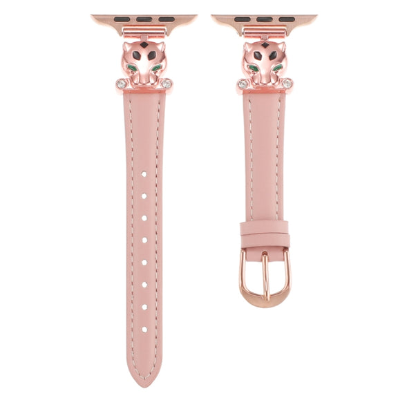 For Apple Watch 46mm / 49mm / 45mm / 44mm Leopard Head Genuine Leather Watch Band(Pink Rose Gold)