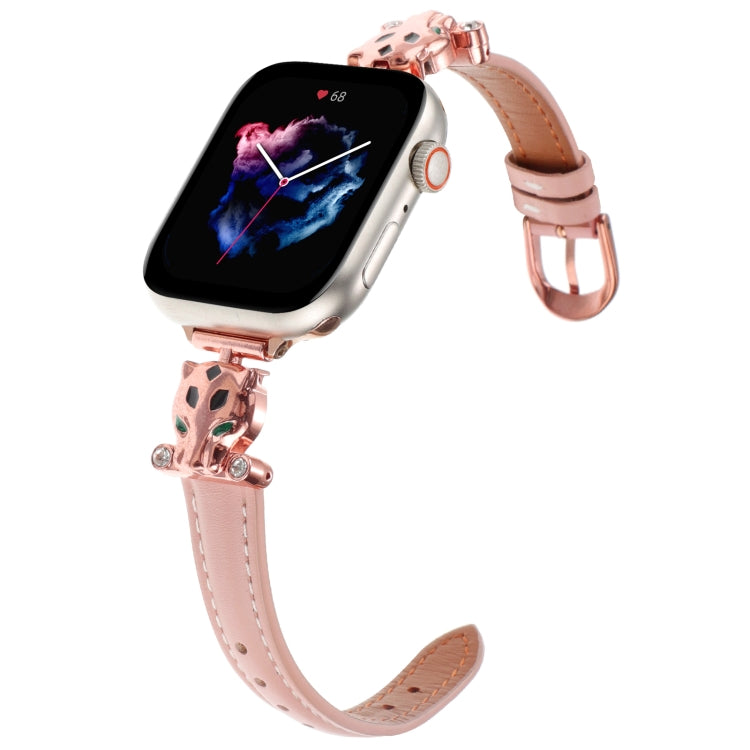 For Apple Watch 46mm / 49mm / 45mm / 44mm Leopard Head Genuine Leather Watch Band(Pink Rose Gold)
