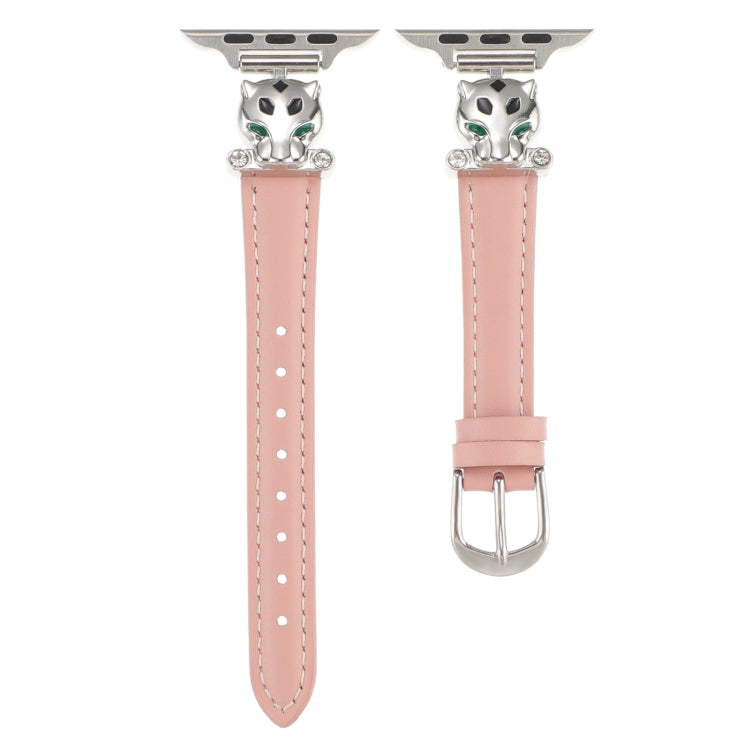 For Apple Watch 46mm / 49mm / 45mm / 44mm Leopard Head Genuine Leather Watch Band(Pink Silver Buckle)