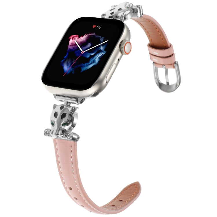 For Apple Watch 46mm / 49mm / 45mm / 44mm Leopard Head Genuine Leather Watch Band(Pink Silver Buckle)